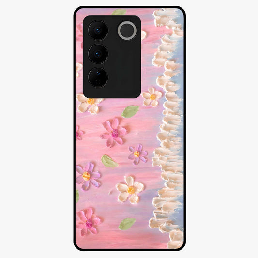 Dreamy Painted Garden Glass Case showing flat back view with artistic painted floral garden artwork and glossy glass finish.