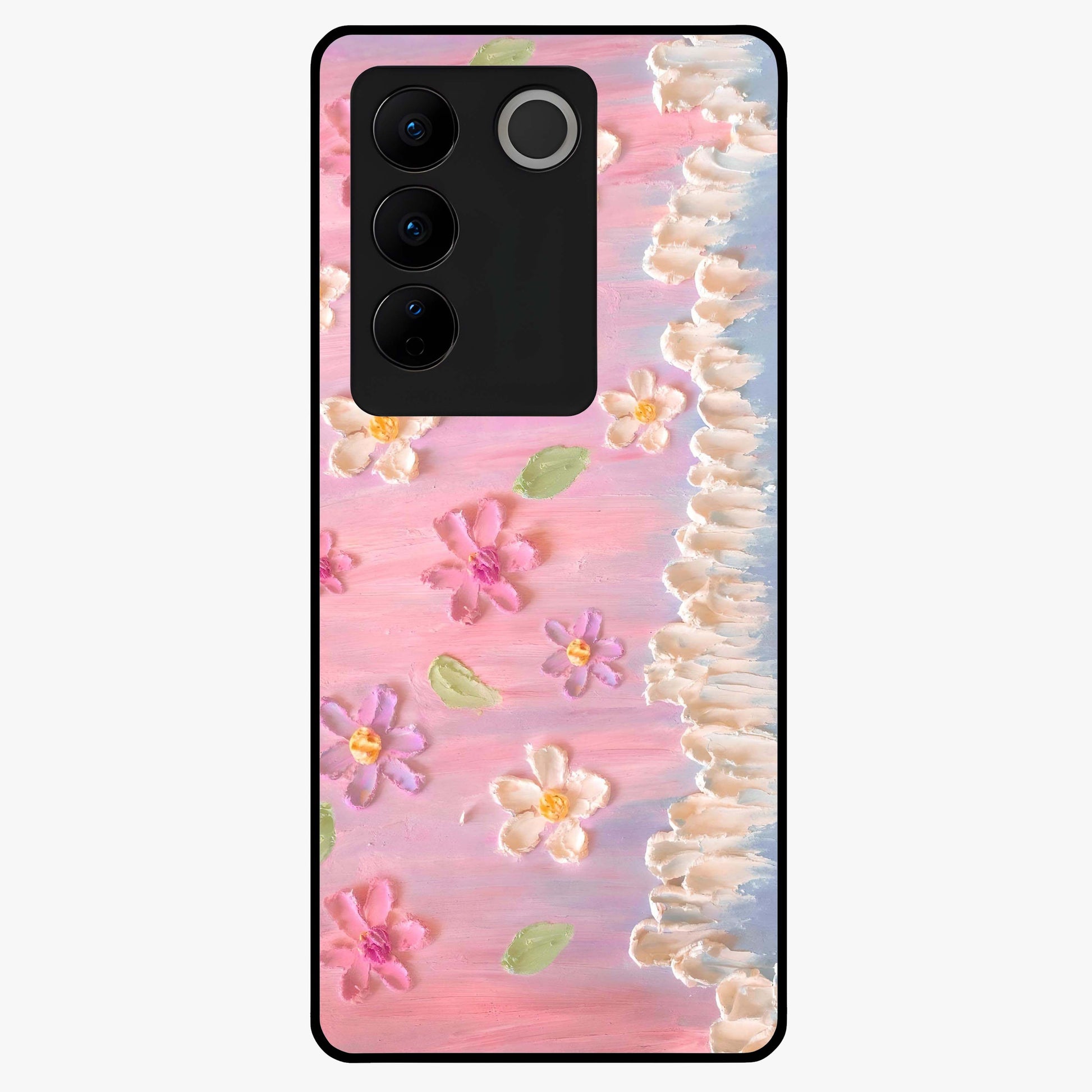 Dreamy Painted Garden Glass Case showing flat back view with artistic painted floral garden artwork and glossy glass finish.