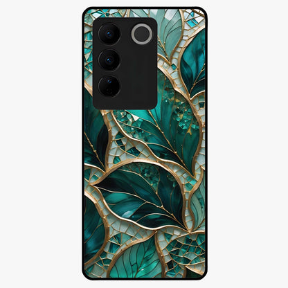 Emerald Leaf Glass Glass Case showing flat back view with emerald green leaf artwork and glossy glass finish.