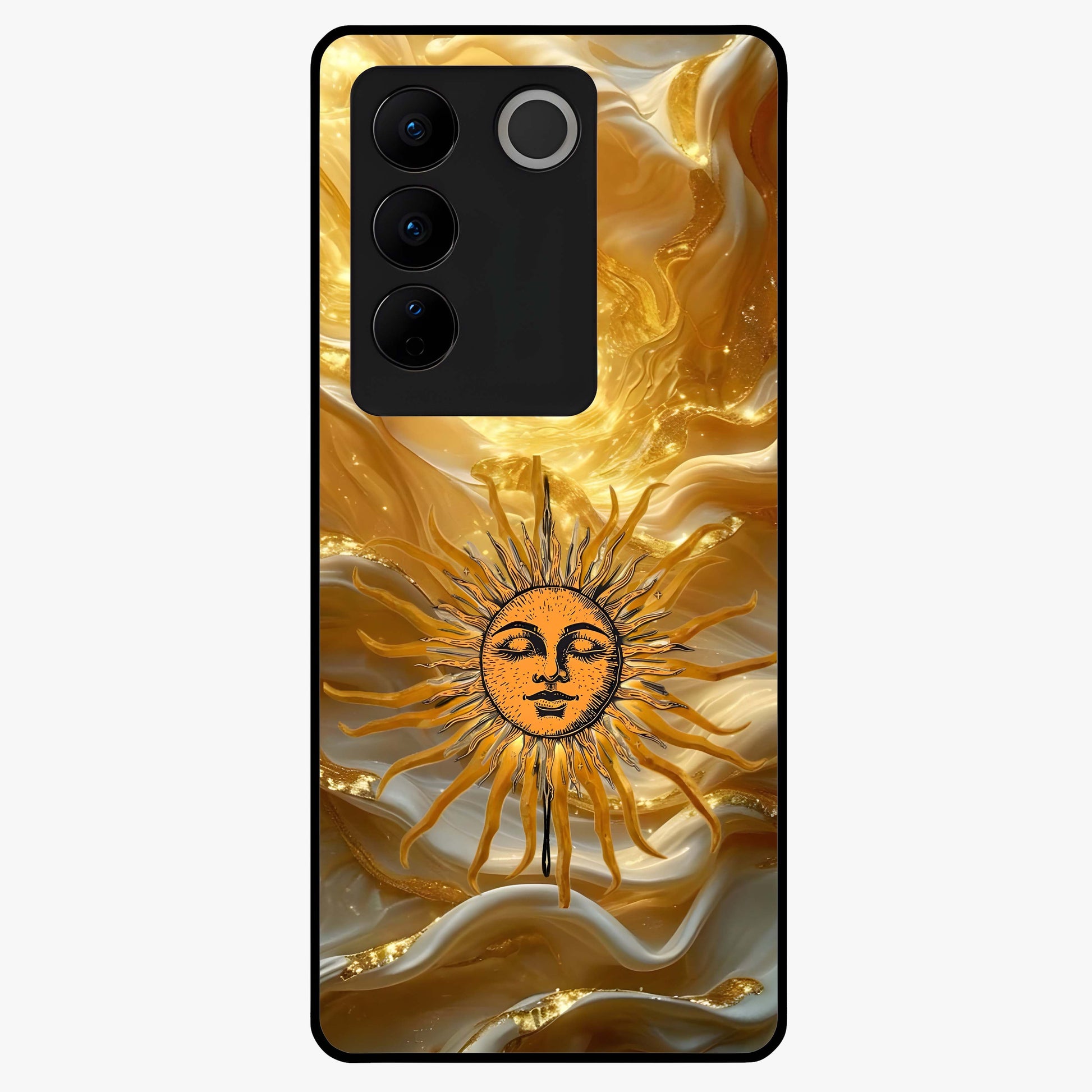 Eternal Golden Glow Glass Case showing flat back view with radiant golden themed artwork and glossy glass finish.