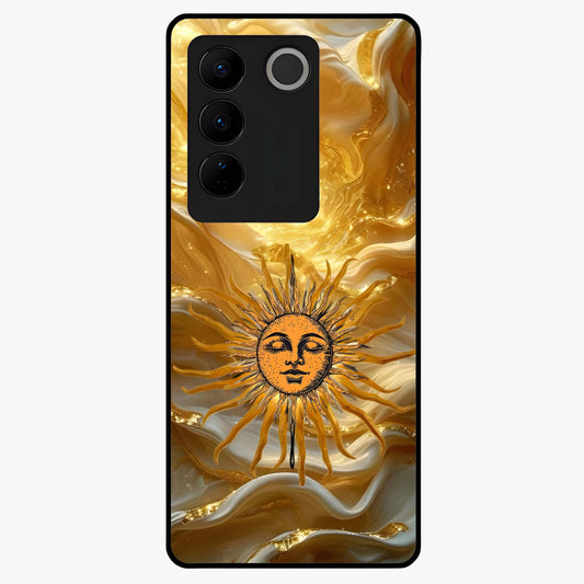 Eternal Golden Glow Glass Case showing flat back view with radiant golden themed artwork and glossy glass finish.