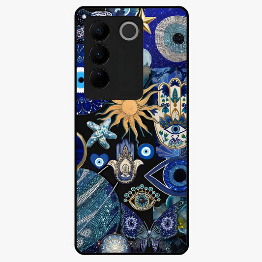 Evil Eye Charm Mix Glass Case showing flat back view with multiple evil eye charms artwork and glossy glass finish.