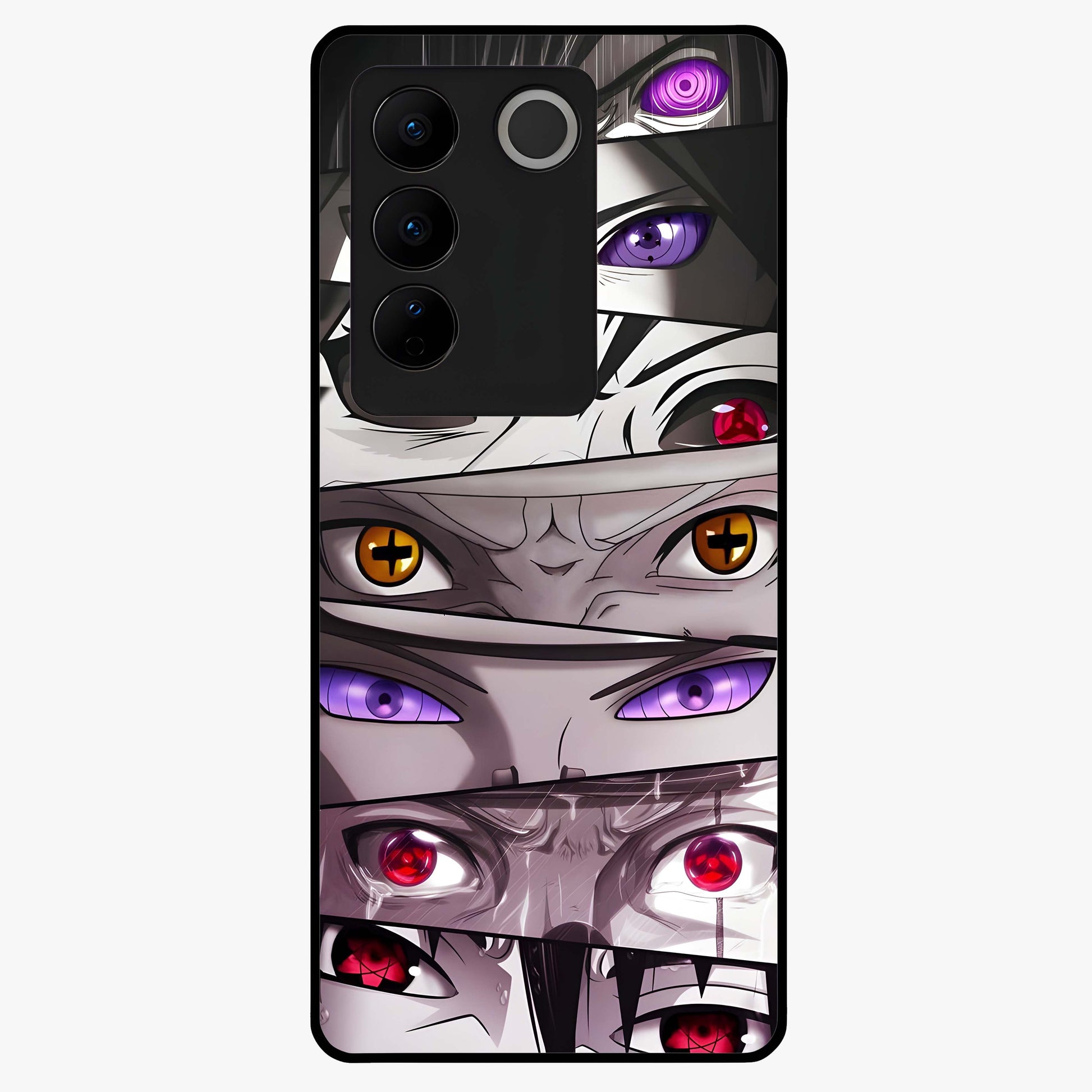 Eyes of Destiny Glass Case showing flat back view with striking eye themed artwork and glossy glass finish.
