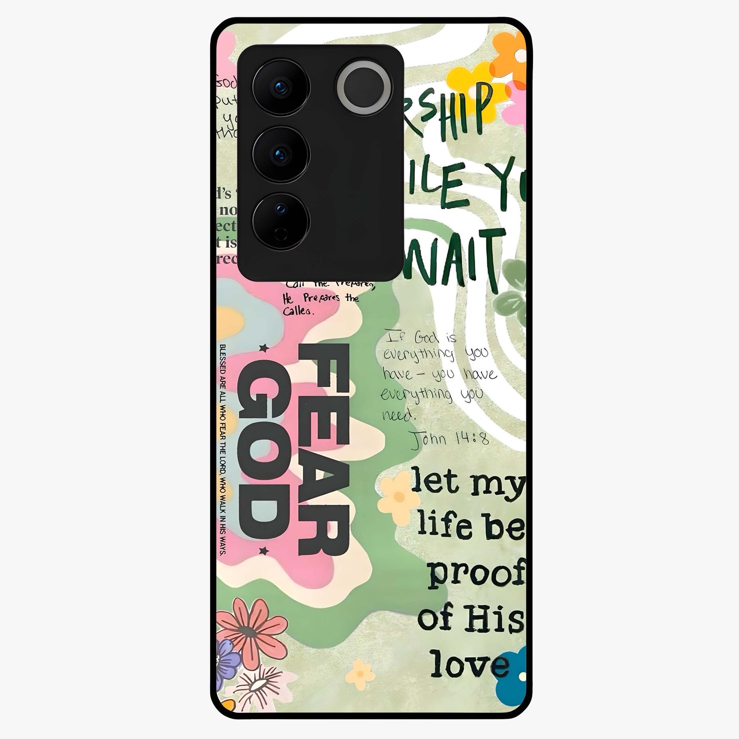 Faith Over Fear Glass Case showing flat back view with motivational typography artwork and glossy glass finish.