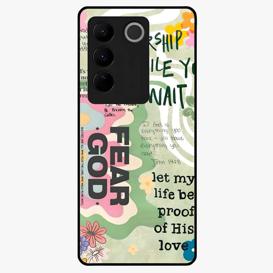 Faith Over Fear Glass Case showing flat back view with motivational typography artwork and glossy glass finish.