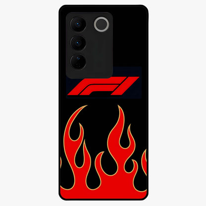 Fire F11 Glass Case showing flat back view with fiery themed artwork and glossy glass finish.