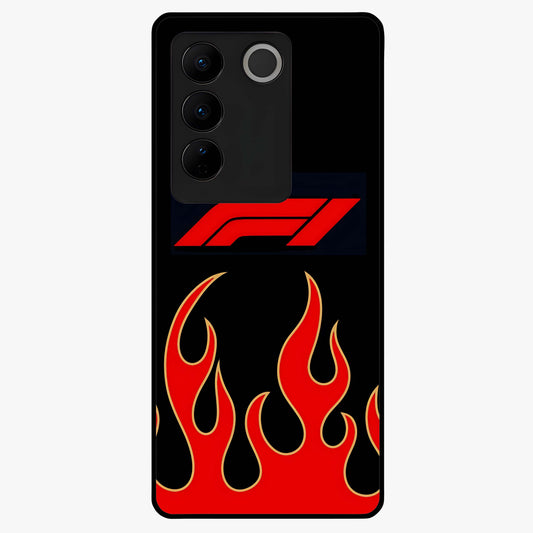 Fire F11 Glass Case showing flat back view with fiery themed artwork and glossy glass finish.