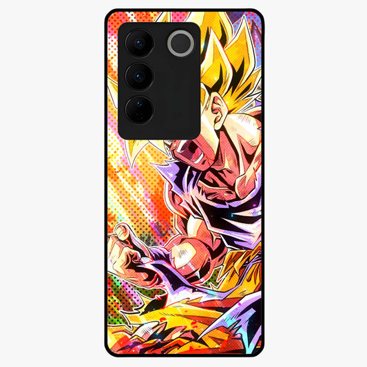 Firing Goku Glass Case showing flat back view with powerful anime inspired artwork and glossy glass finish.