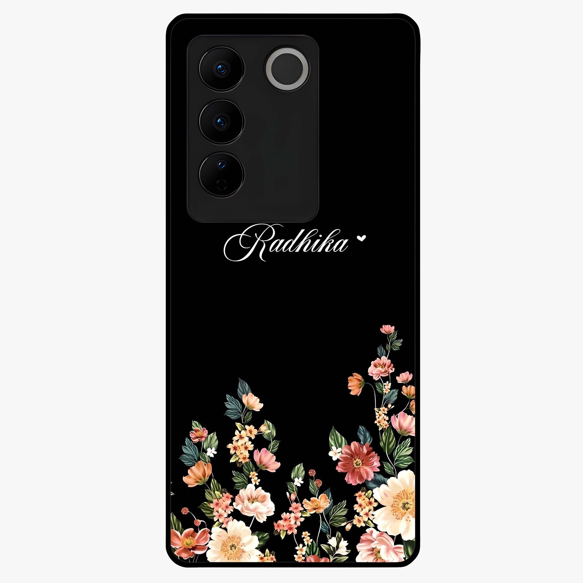 Floral Design With a Custom Personalized Name Glass Case showing flat back view with floral artwork and personalized name design.