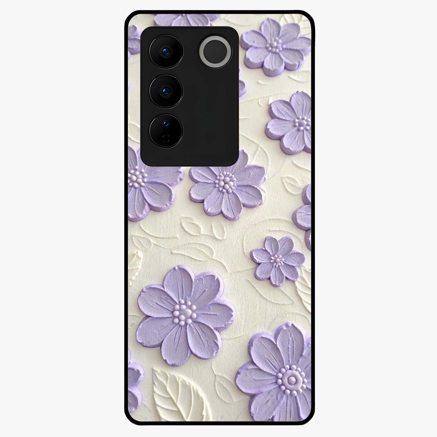 Floral Wall Art With Purple Flowers Glass Case showing flat back view with purple flower artwork and glossy glass finish.