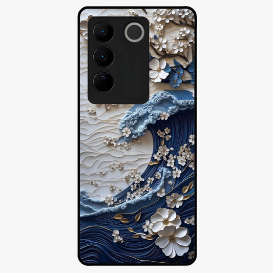 Floral Wave Origami Glass Case showing flat back view with origami inspired floral wave artwork and glossy glass finish.