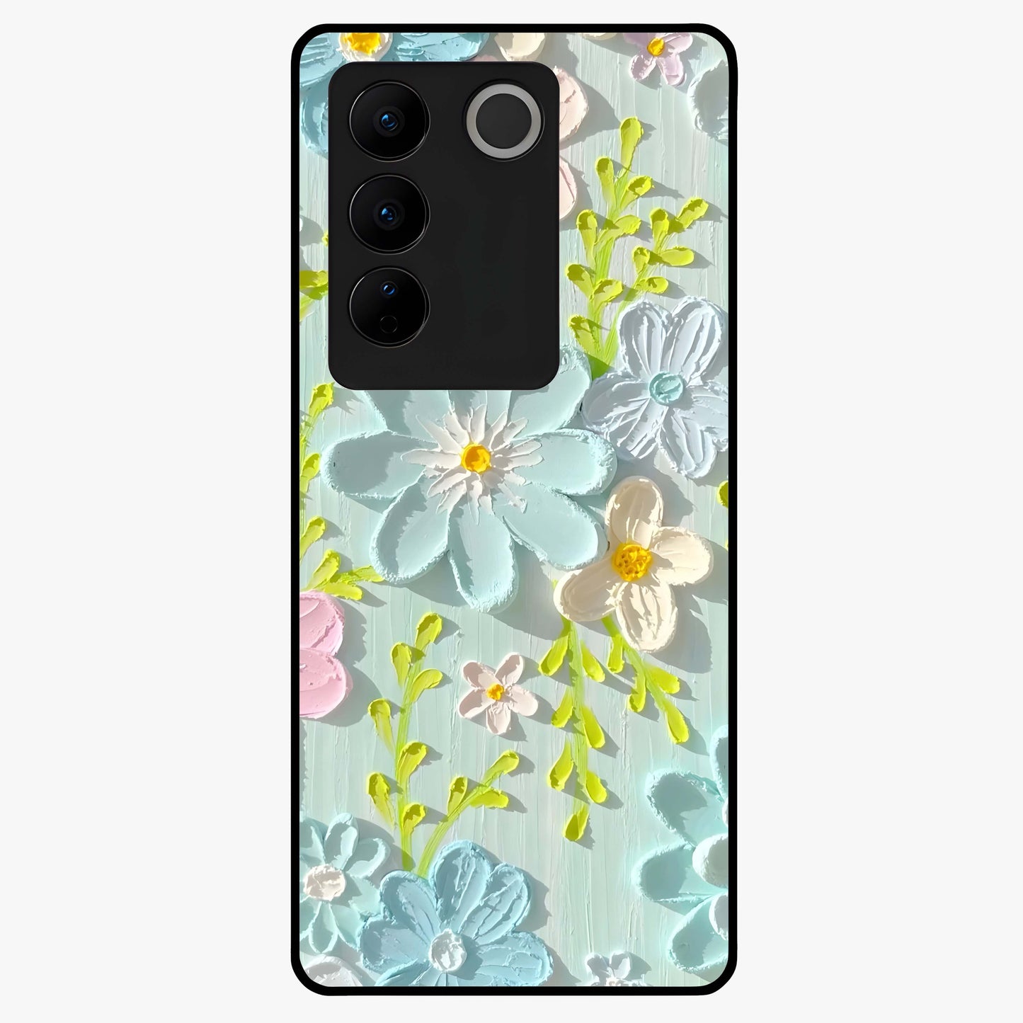Frosted Petal Garden Glass Case showing flat back view with soft frosted floral artwork and glossy glass finish.