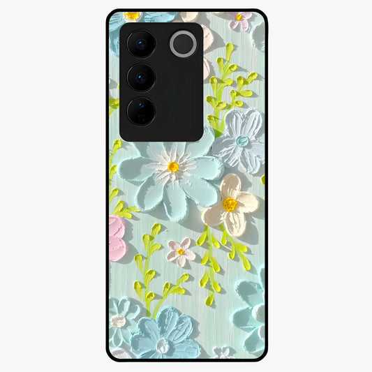 Frosted Petal Garden Glass Case showing flat back view with soft frosted floral artwork and glossy glass finish.
