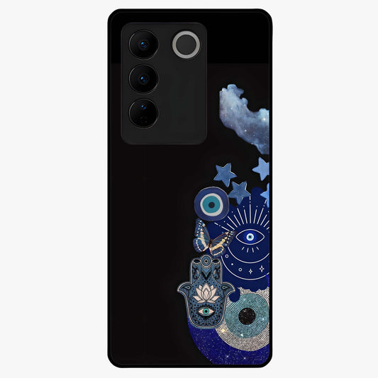 Galactic Charm Cluster Glass Case showing flat back view with glowing celestial charm artwork and glossy glass finish.