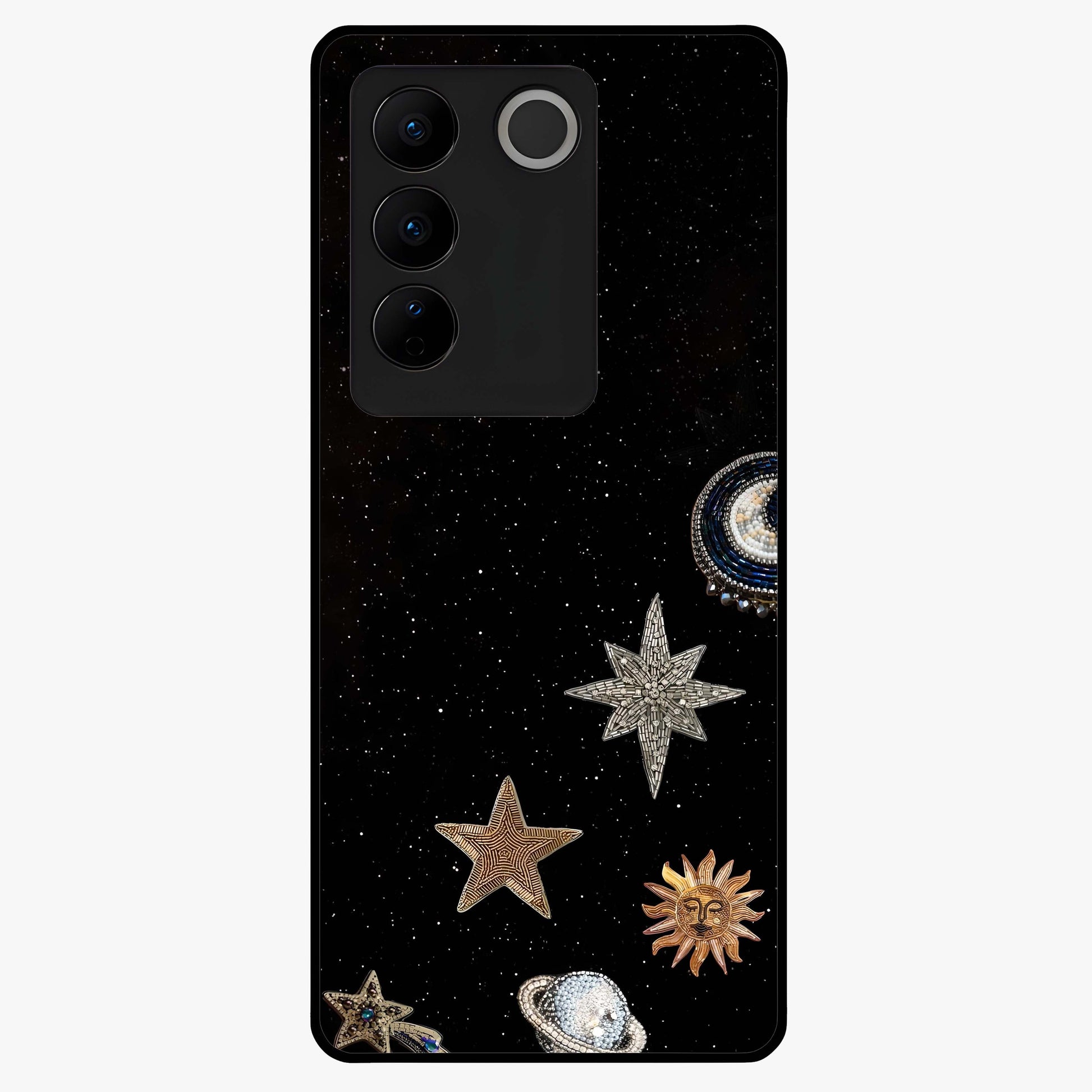 Galactic Charm Glow Glass Case showing flat back view with glowing celestial charm artwork and glossy glass finish.