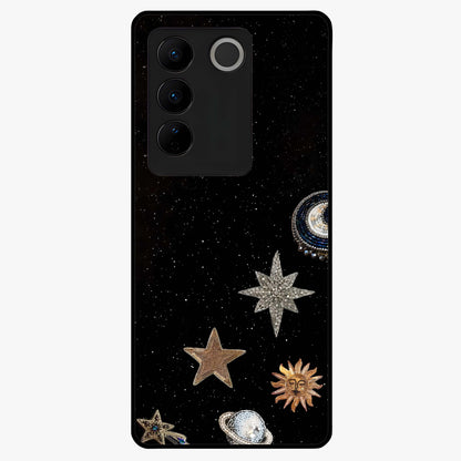 Galactic Charm Glow Glass Case showing flat back view with glowing celestial charm artwork and glossy glass finish.