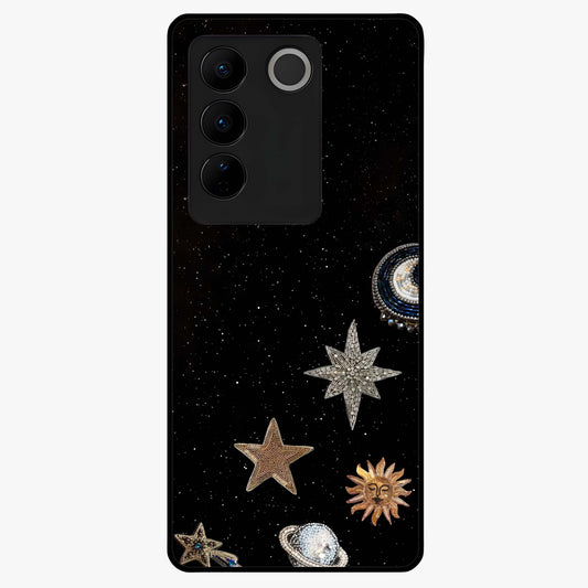 Galactic Charm Glow Glass Case showing flat back view with glowing celestial charm artwork and glossy glass finish.