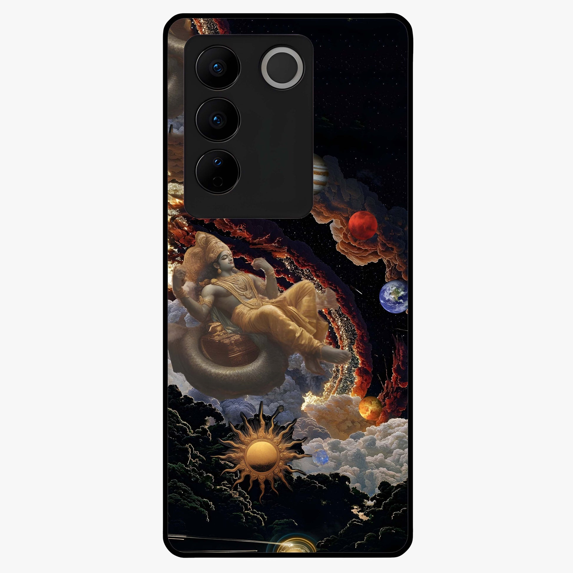 Galactic Divine God Glass Case showing flat back view with divine cosmic themed artwork and glossy glass finish.