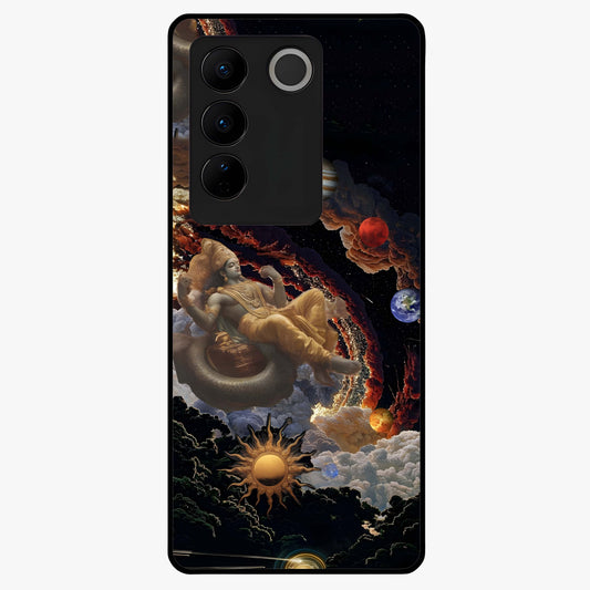 Galactic Divine God Glass Case showing flat back view with divine cosmic themed artwork and glossy glass finish.