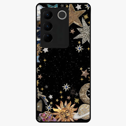 Galactic Jewel Stars Glass Case showing flat back view with sparkling star jewel artwork and glossy glass finish.