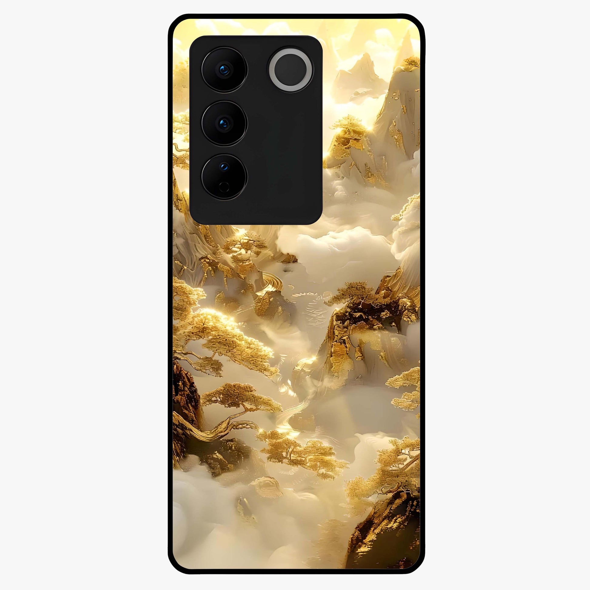 Gates Of Illumination Glass Case showing flat back view with mystical illuminated gate artwork and glossy glass finish.