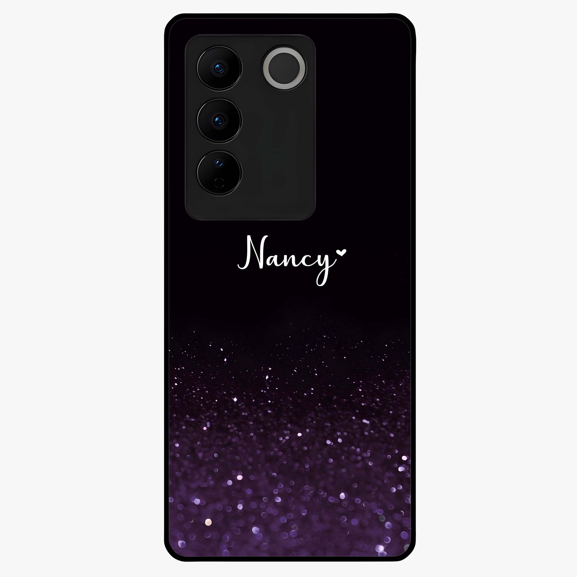 Glittery Purple Bokeh Custom Name Glass Case showing flat back view with purple bokeh sparkle artwork and personalized name design.