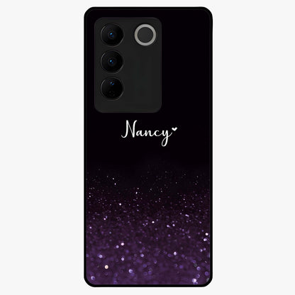 Glittery Purple Bokeh Custom Name Glass Case showing flat back view with purple bokeh sparkle artwork and personalized name design.