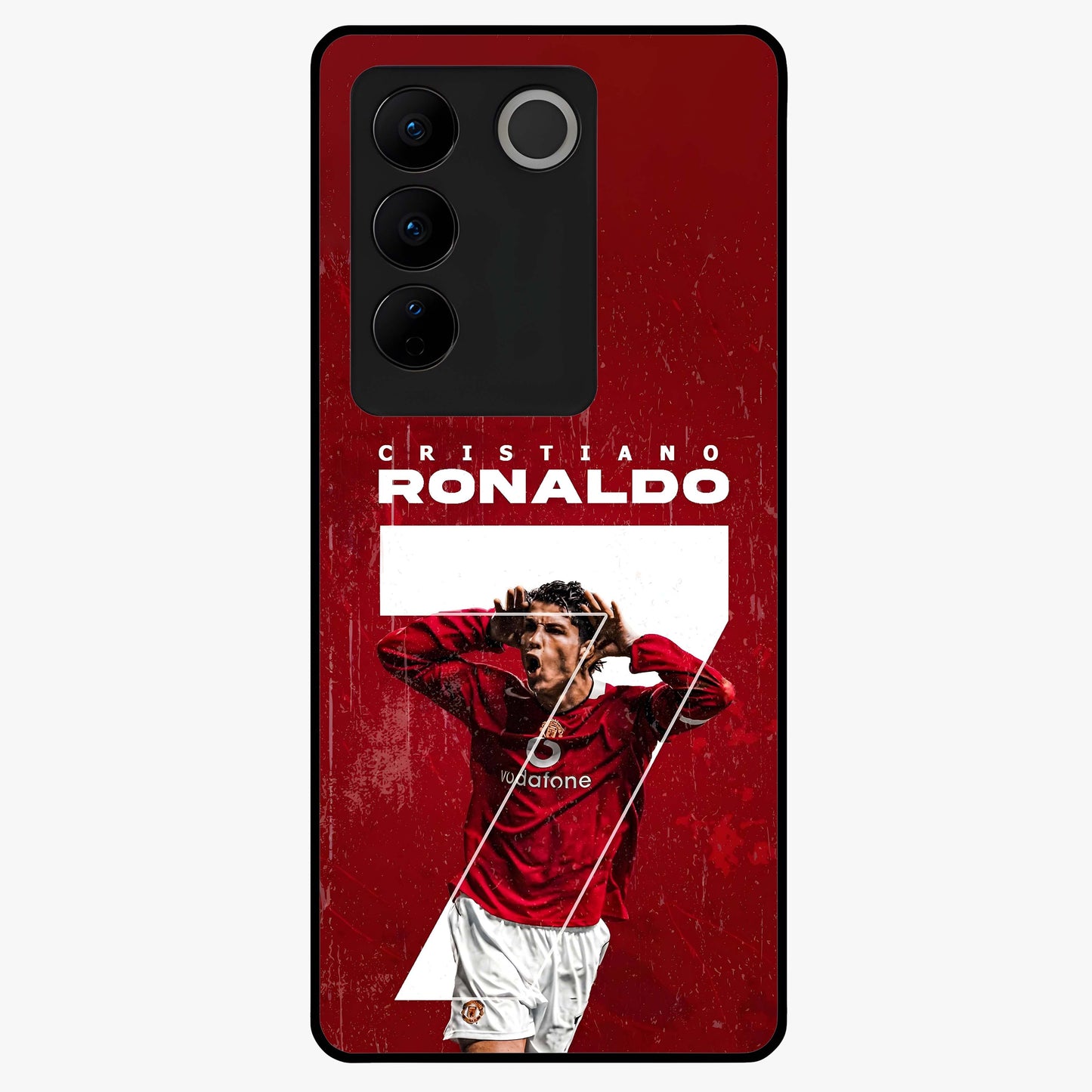 Goal Celebration Legacy Glass Case showing flat back view with football celebration inspired artwork and glossy glass finish.