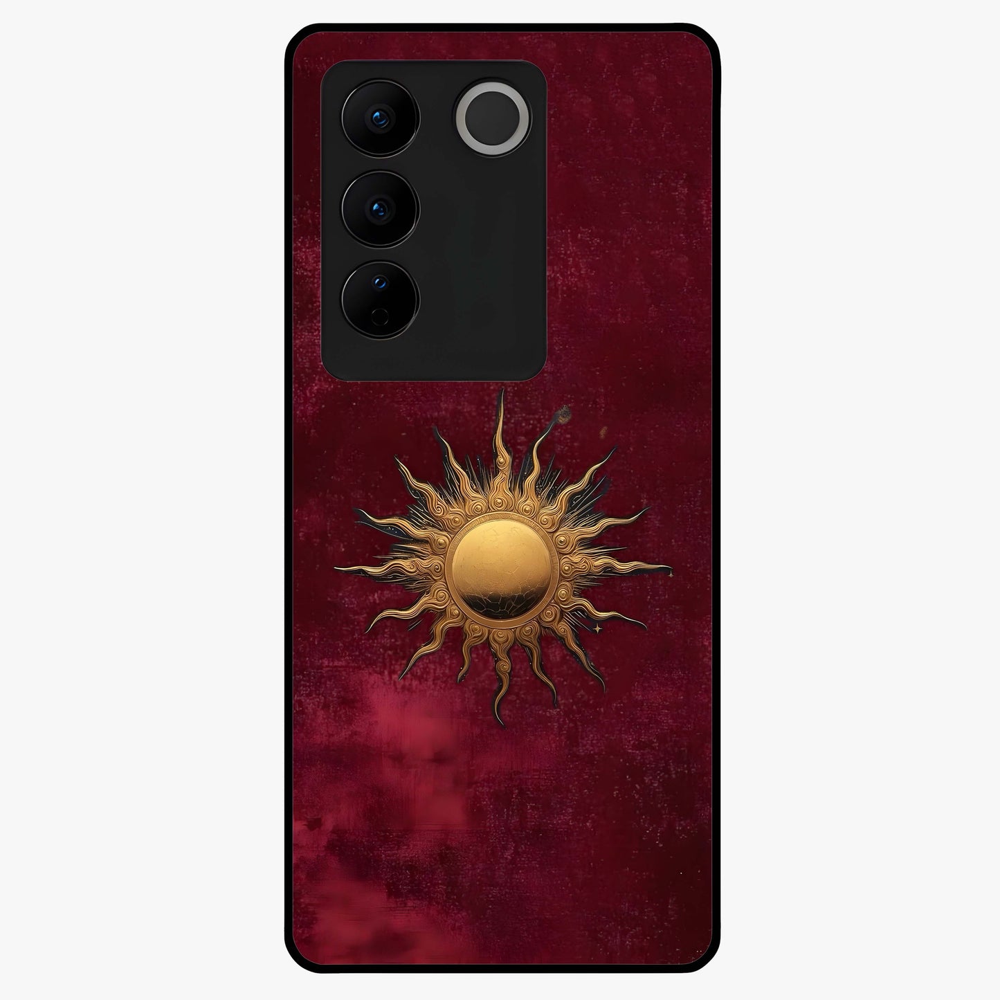 Gold Sun Blush Glass Case showing flat back view with golden sun inspired artwork and glossy glass finish.