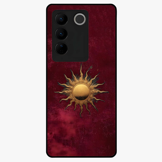 Gold Sun Blush Glass Case showing flat back view with golden sun inspired artwork and glossy glass finish.