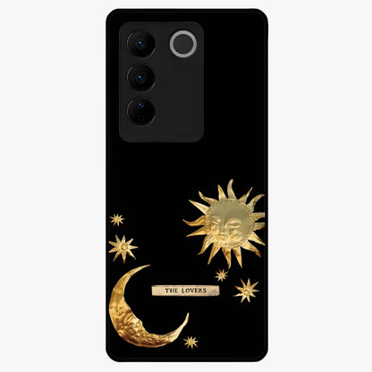 Golden Celestial Charm Glass Case showing flat back view with golden celestial charm artwork and glossy glass finish.