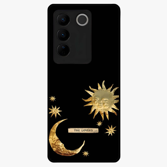 Golden Celestial Charm Glass Case showing flat back view with golden celestial charm artwork and glossy glass finish.