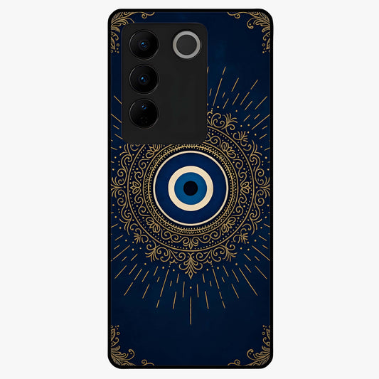 Golden Evil Eye Mandala Glass Case showing flat back view with intricate evil eye mandala artwork and glossy glass finish.
