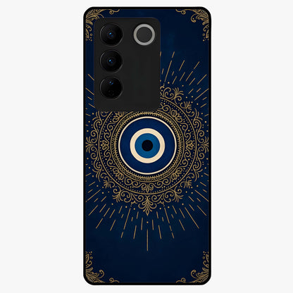Golden Evil Eye Mandala Glass Case showing flat back view with intricate evil eye mandala artwork and glossy glass finish.