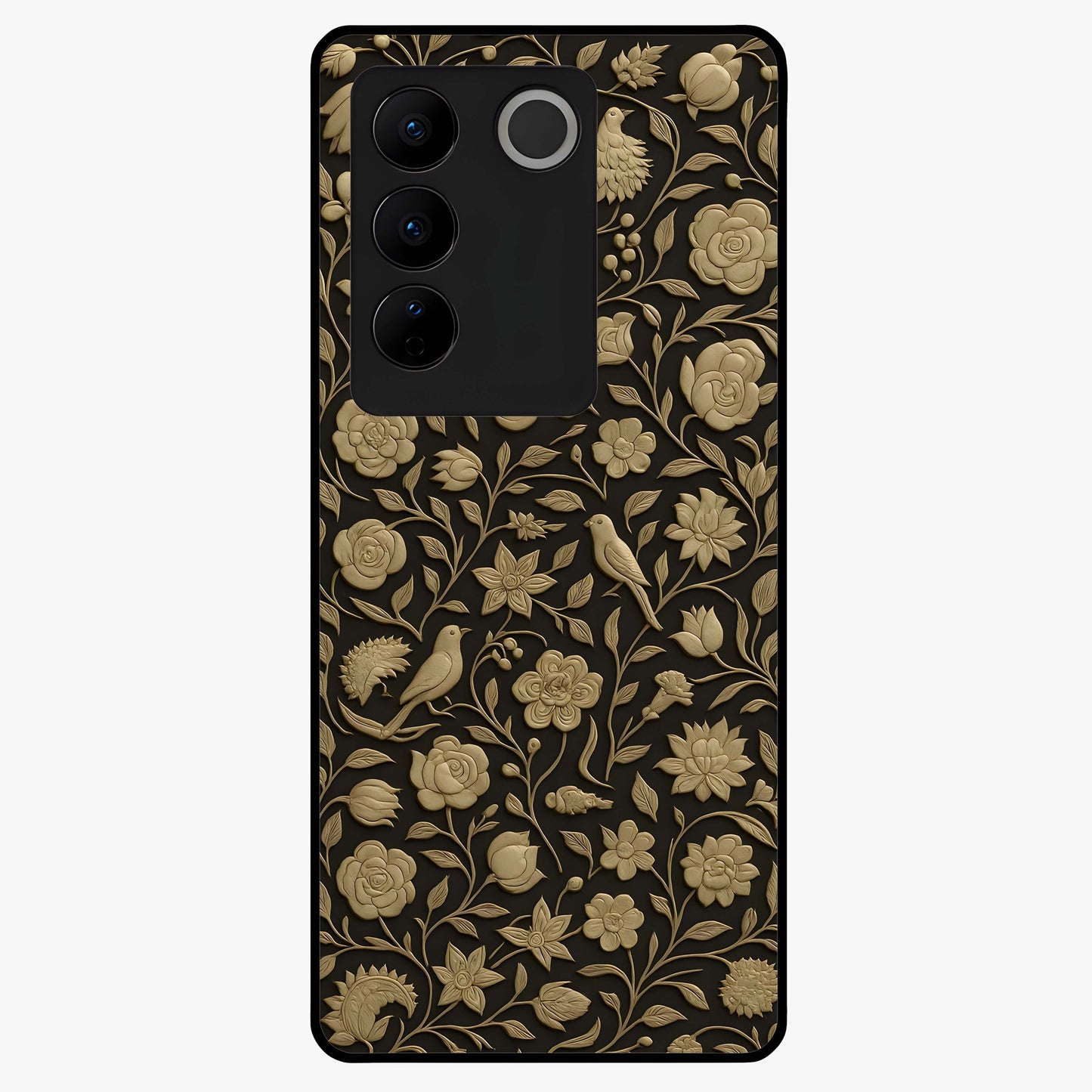 Golden Floral Majesty Glass Case showing flat back view with luxurious golden floral artwork and glossy glass finish.