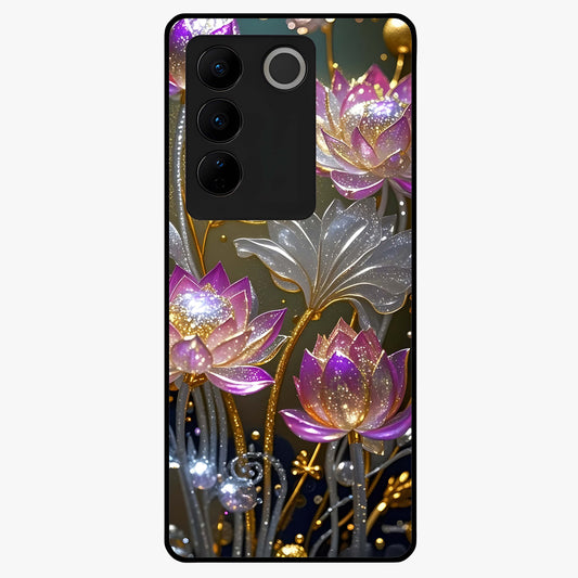 Golden Lotus Glow Glass Case showing flat back view with glowing lotus flower artwork and glossy glass finish.
