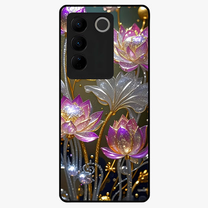 Golden Lotus Glow Glass Case showing flat back view with glowing lotus flower artwork and glossy glass finish.