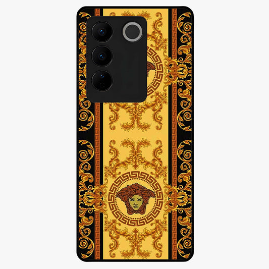 Golden Royal Heritage Glass Case showing flat back view with ornate royal pattern artwork and glossy glass finish.