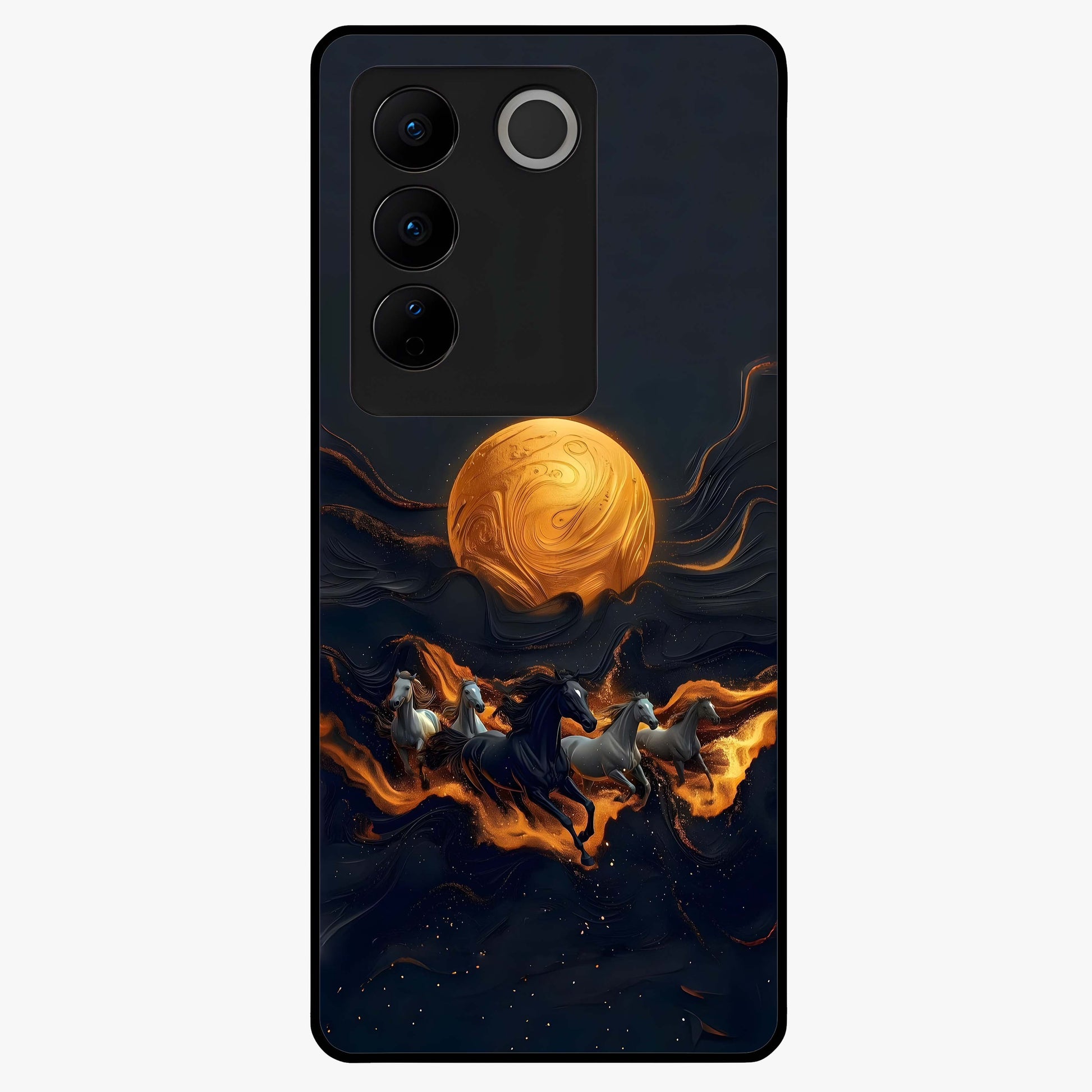 Golden Stallion Moonride Glass Case showing flat back view with majestic horse under moonlight artwork and glossy glass finish.