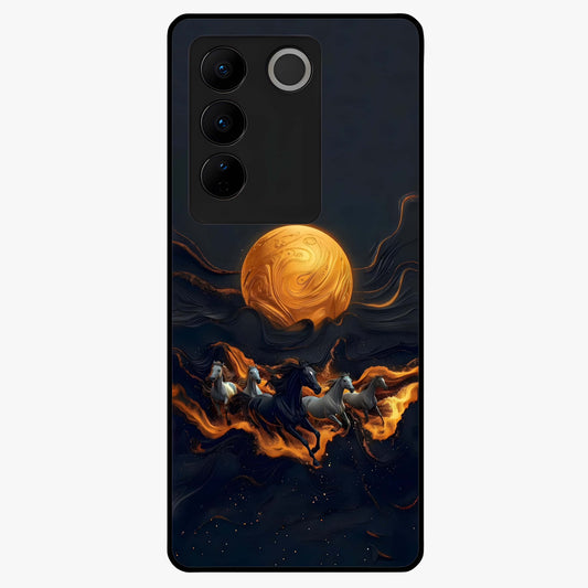 Golden Stallion Moonride Glass Case showing flat back view with majestic horse under moonlight artwork and glossy glass finish.