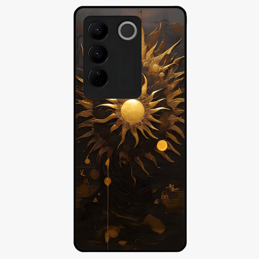 Golden Sun Majesty Glass Case showing flat back view with radiant golden sun artwork and glossy glass finish.