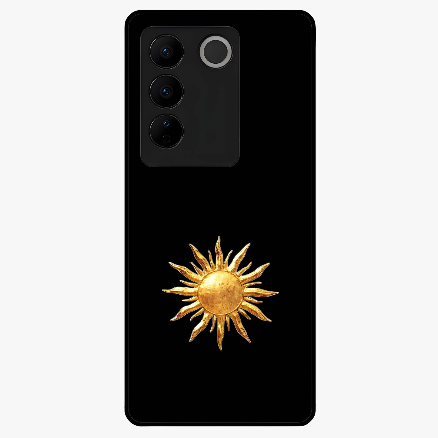 Golden Sun Minimalism Glass Case showing flat back view with minimal golden sun artwork and glossy glass finish.