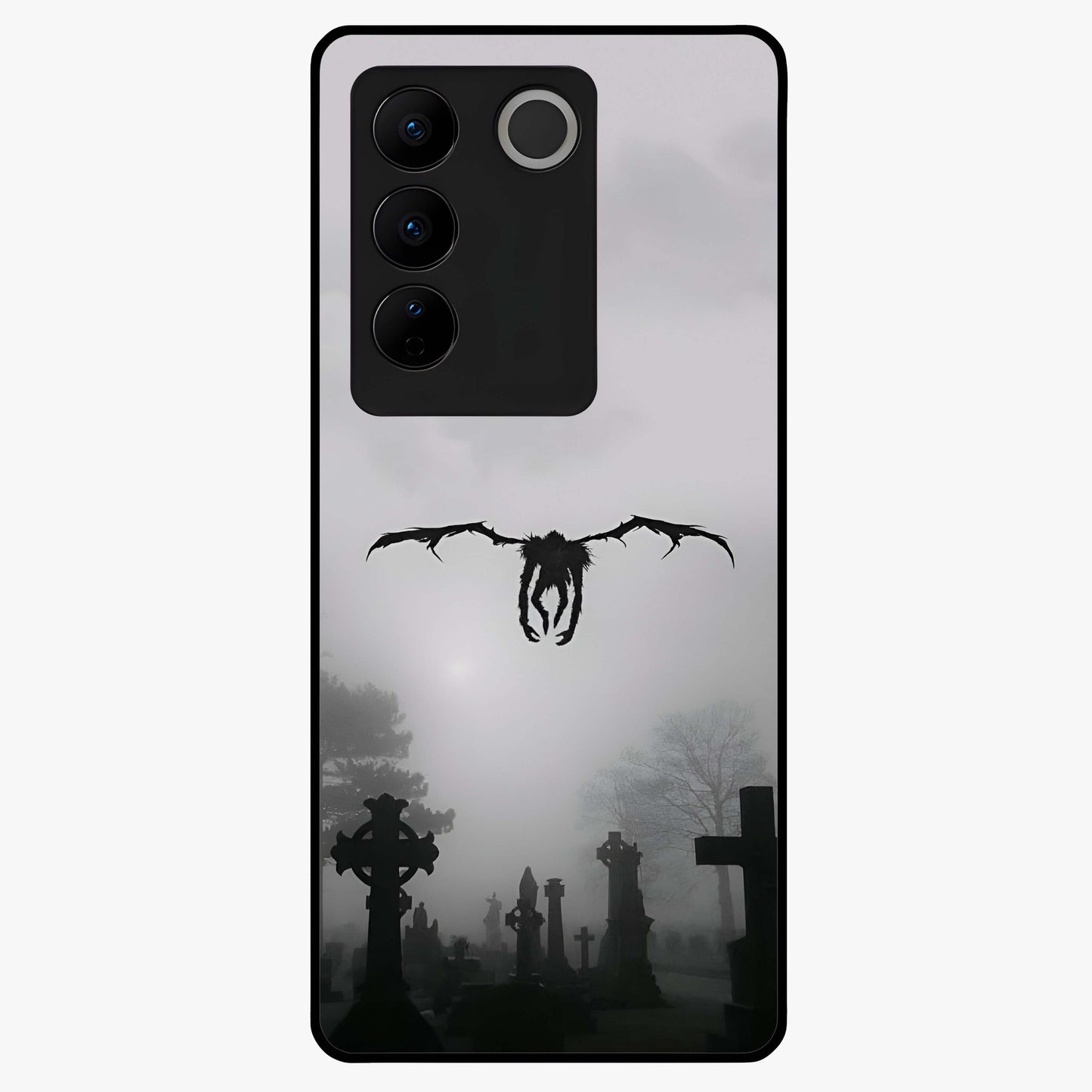 Graveyard Shadow Descent Glass Case showing flat back view with dark graveyard themed artwork and glossy glass finish.