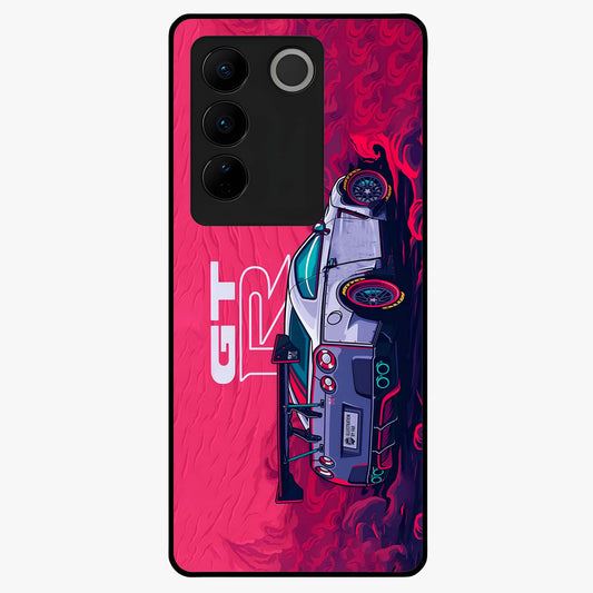 GT-R Car Pattern Glass Case showing flat back view with sporty car inspired pattern artwork and glossy glass finish.