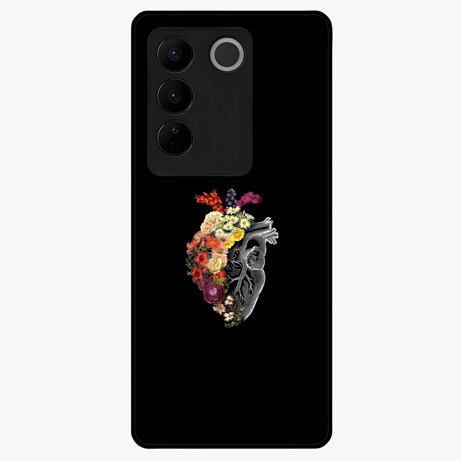 Heart With Flowers Glass Case showing flat back view with heart shaped floral artwork and glossy glass finish.