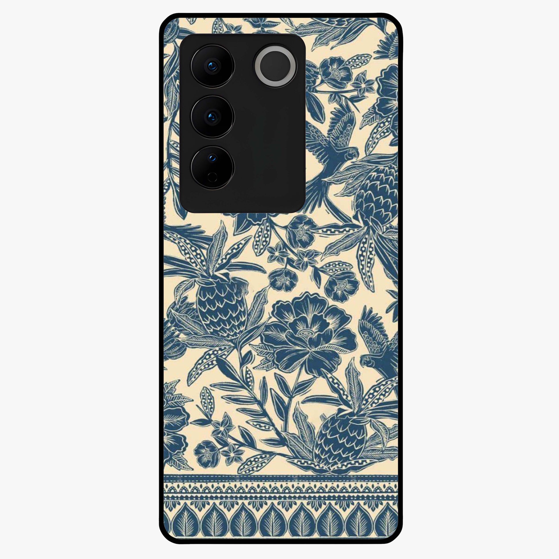Heirloom Wild Bloom Glass Case showing flat back view with vintage inspired wild flower artwork and glossy glass finish.