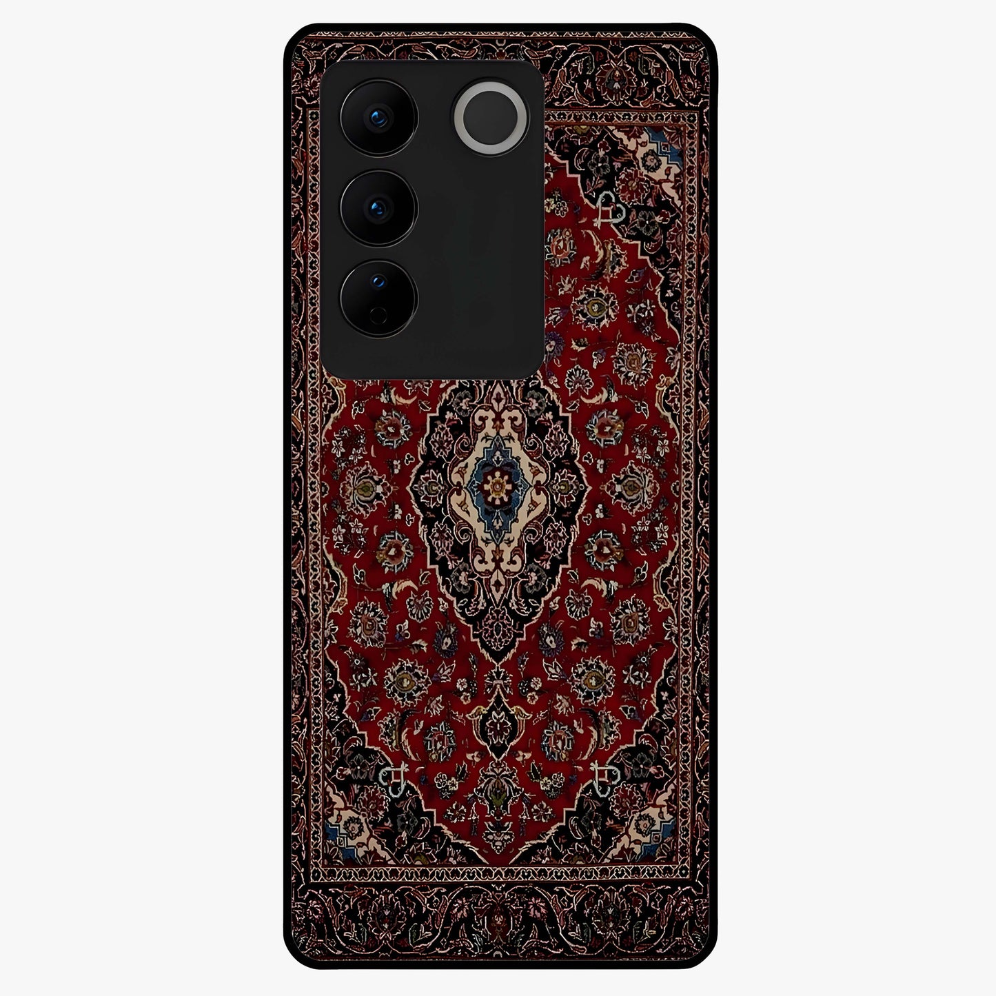 Heritage Carpet Royale Glass Case showing flat back view with ornate Persian carpet inspired pattern and glossy glass finish.