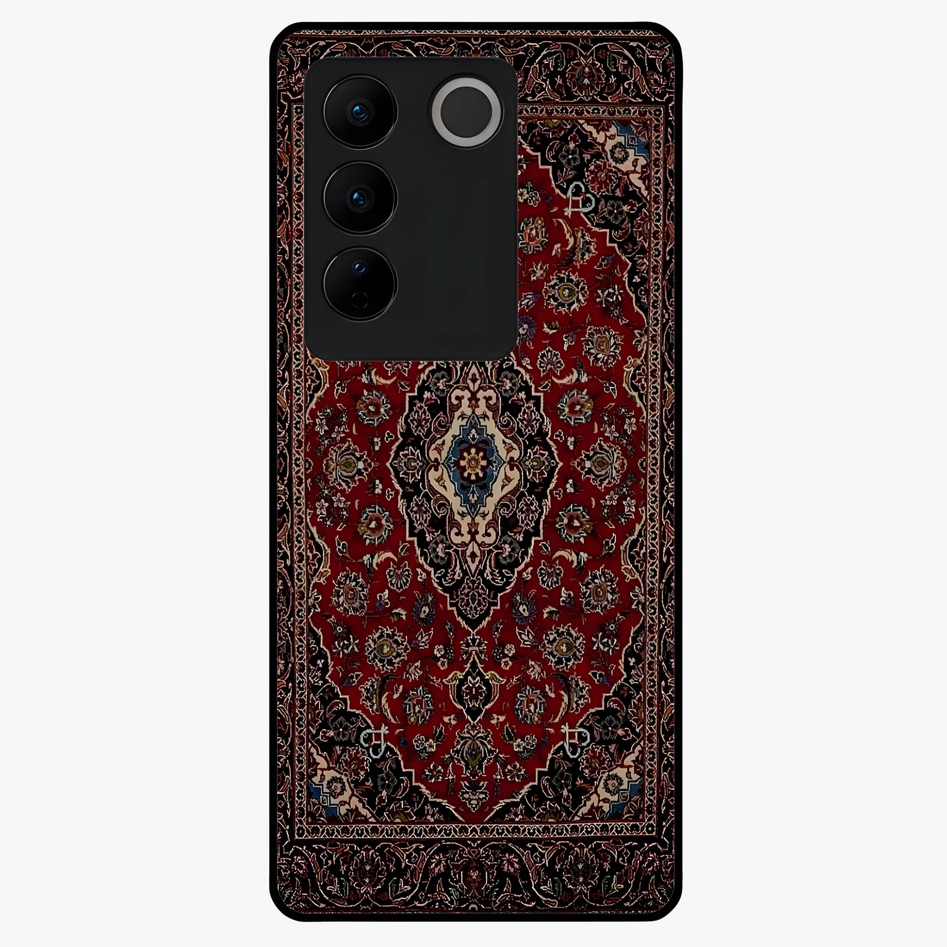 Heritage Carpet Royale Glass Case showing flat back view with ornate Persian carpet inspired pattern and glossy glass finish.