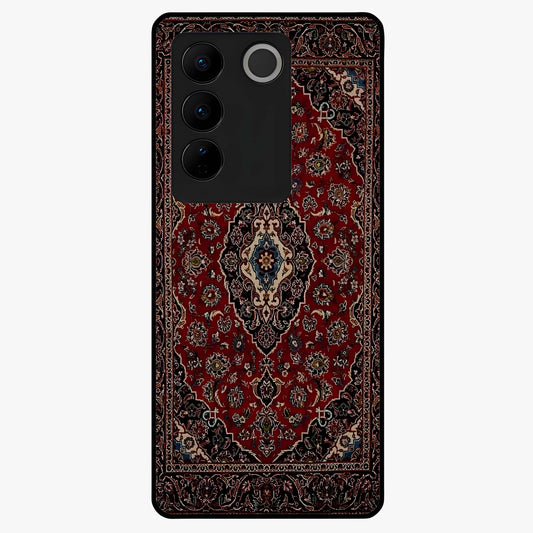 Heritage Carpet Royale Glass Case showing flat back view with ornate Persian carpet inspired pattern and glossy glass finish.