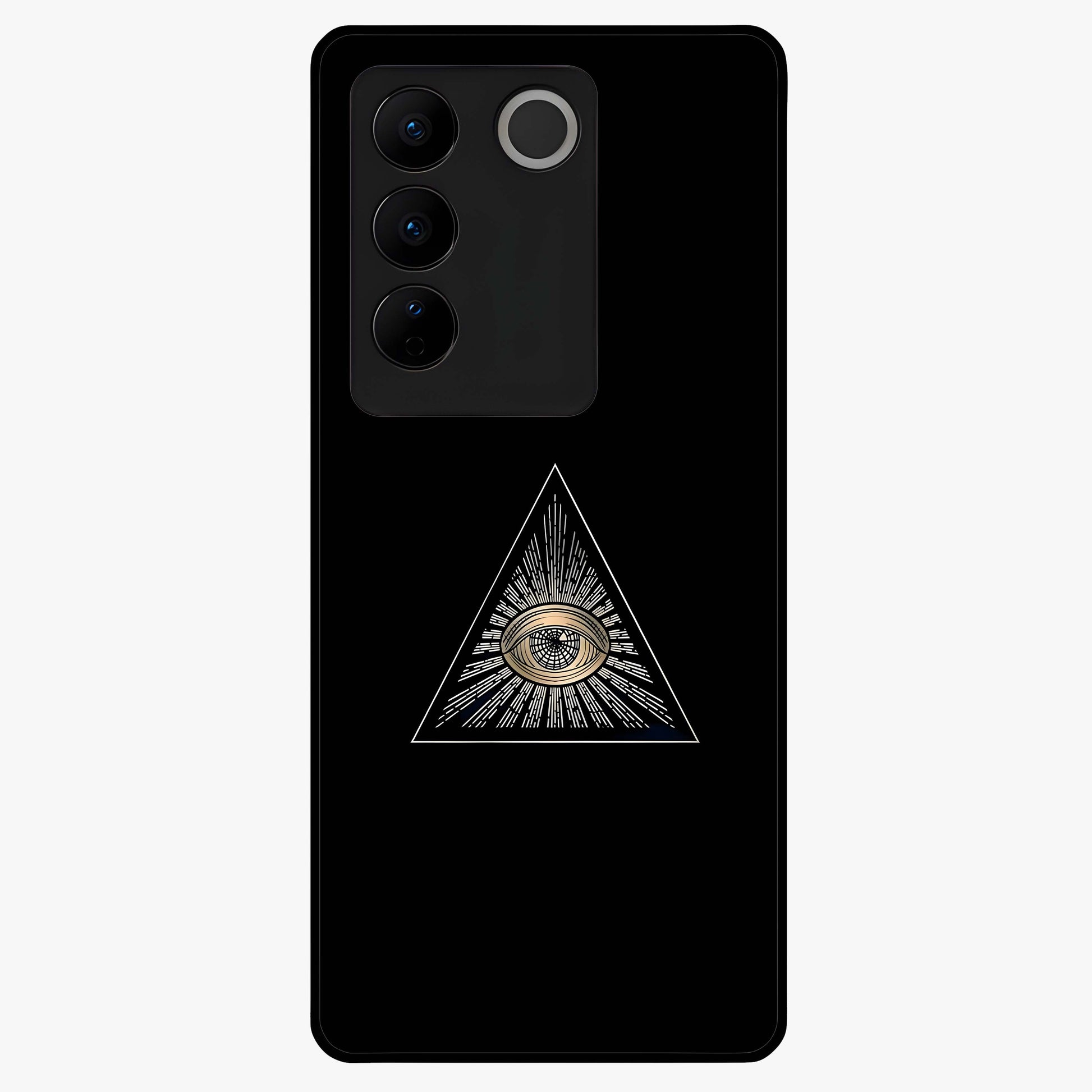 Illuminati Evil Glass Case showing flat back view with mysterious illuminati symbol artwork and glossy glass finish.